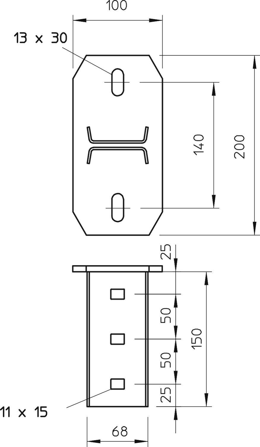 Technický výkres kovového príslušenstva s rozmermi v milimetroch: 200 x 100 pôdorys; 140 výška, 68 šírka pohľad z boku.