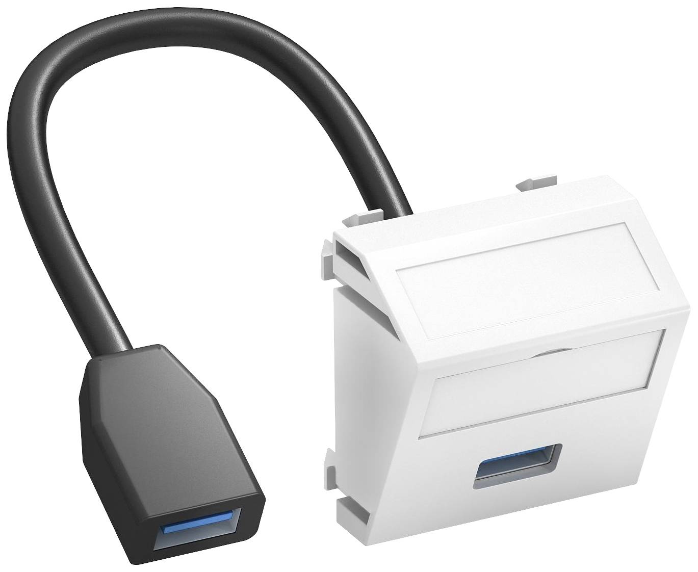 USB prepojovací kábel s pravouhlým adaptérom. Adaptér je biely s konektorom; kábel je čierny. Pred bielym pozadím.