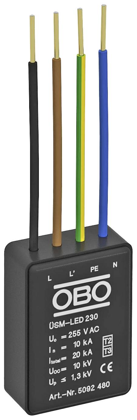 Elektrické zariadenie s niekoľkými farebnými káblami (čierna, hnedá, žlto-zelená, modrá) hore. Na zariadení je napísané 'OBO'.
