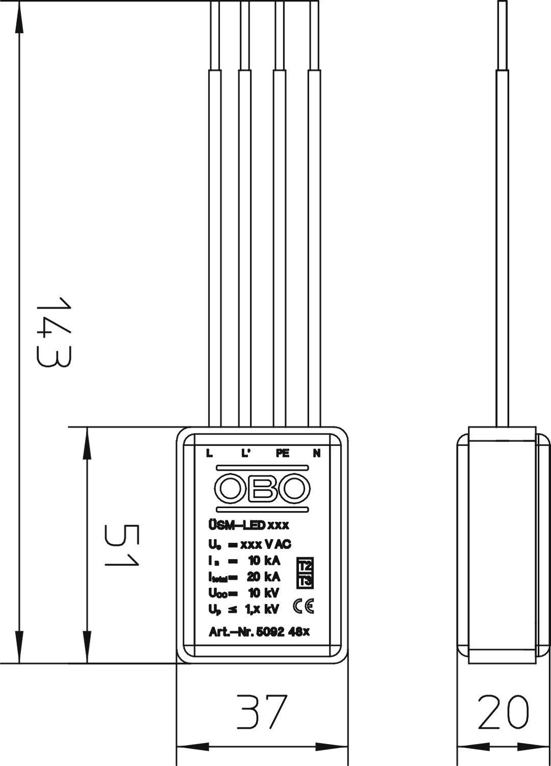 Technický výkres zariadenia na ochranu pred prepätím s rozmermi: šírka 37 mm, hĺbka 20 mm, výška 143 mm. Obsahuje elektrické špecifikácie.