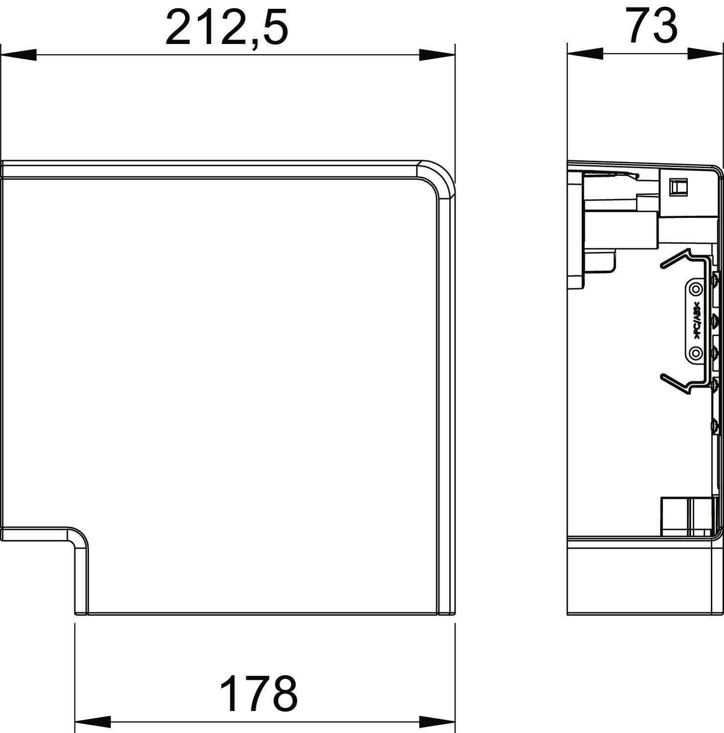 Technický výkres obdĺžnikového zariadenia s rozmermi: šírka 212,5 mm, hĺbka 73 mm, výška 178 mm. Pohľad z boku a spredu.