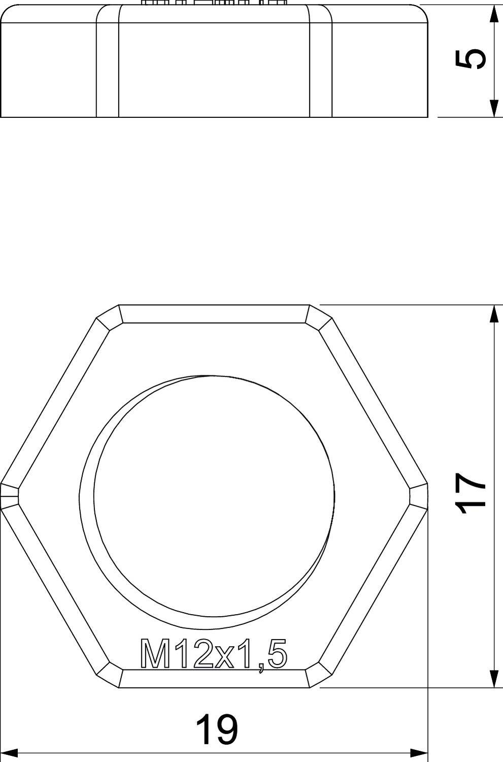 Technický výkres šesťhrannej matice s rozmermi: M12x1,5 závit, 19 mm šírka, 17 mm výška, 5 mm hrúbka.
