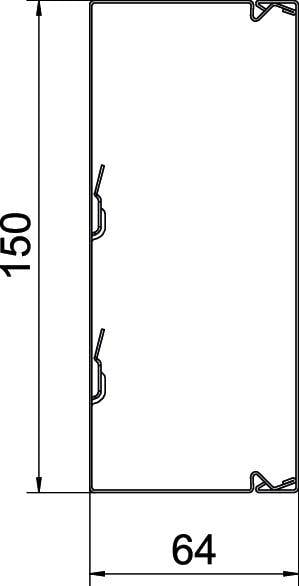 Technický výkres obdĺžnikového objektu s rozmermi 150 x 64, zobrazený v milimetroch.