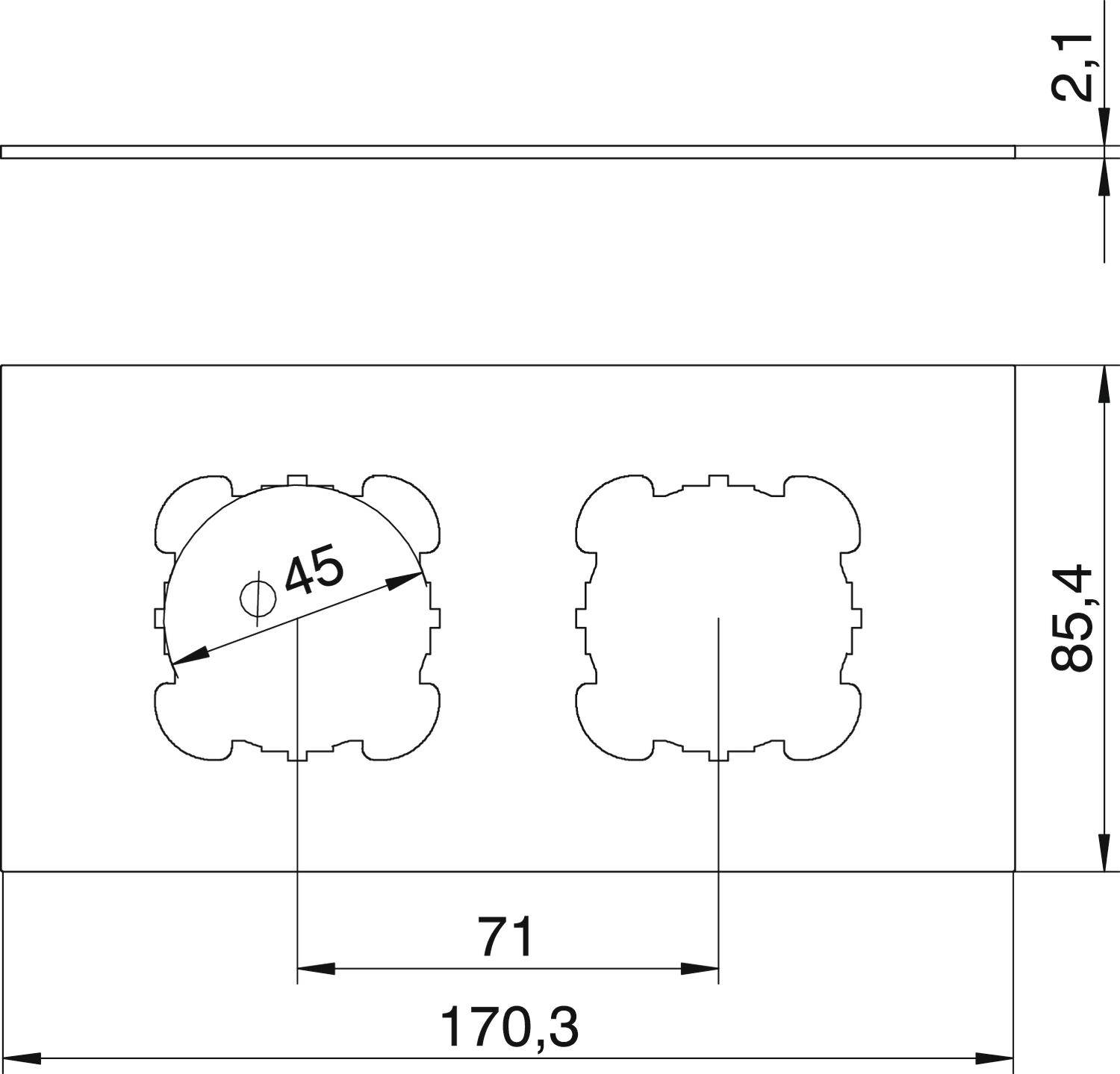 Technický výkres obdĺžnikovej dosky s dvoma kruhovými výrezmi a podrobnými rozmermi v milimetroch.