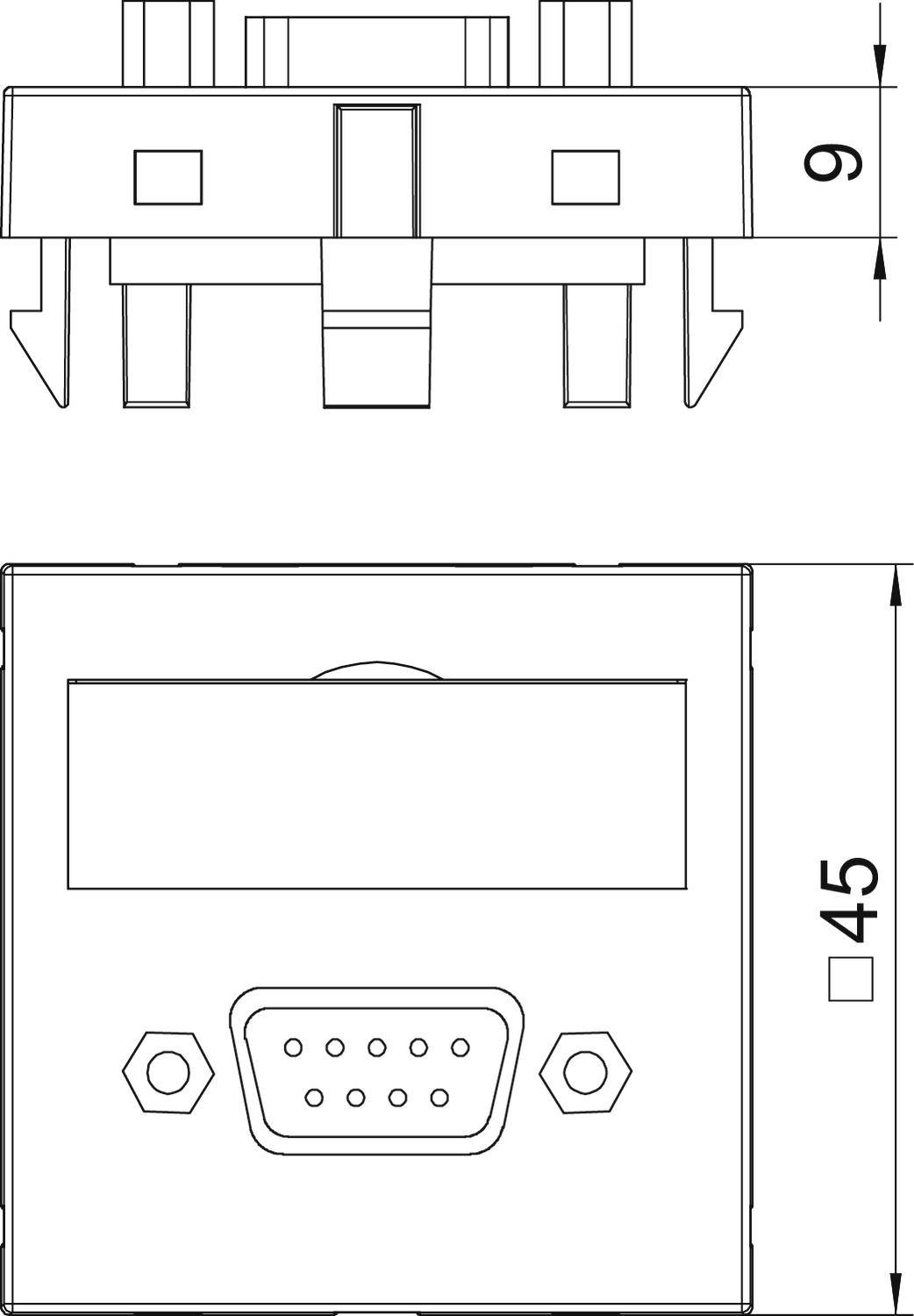 Technický výkres elektrického spínača s rozmermi 9 a 45 mm. Zobrazuje pohľad zhora a boční pohľad s prípojkami.