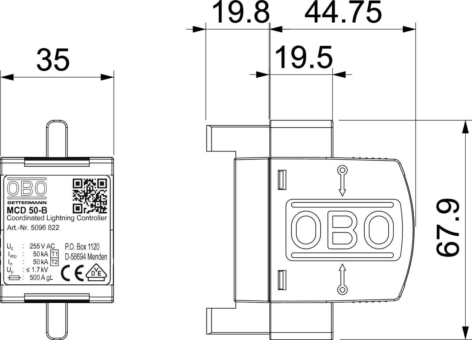 Technický výkres koordinovaného zariadenia na ochranu pred bleskom MCD 50-B od spoločnosti OBO s rozmermi v milimetroch.