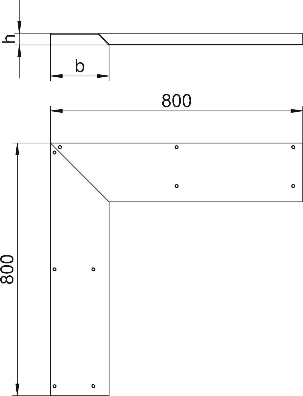 Technický výkres L-uhlu s rozmermi 800x800 mm a skrutkovými otvormi po stranách.