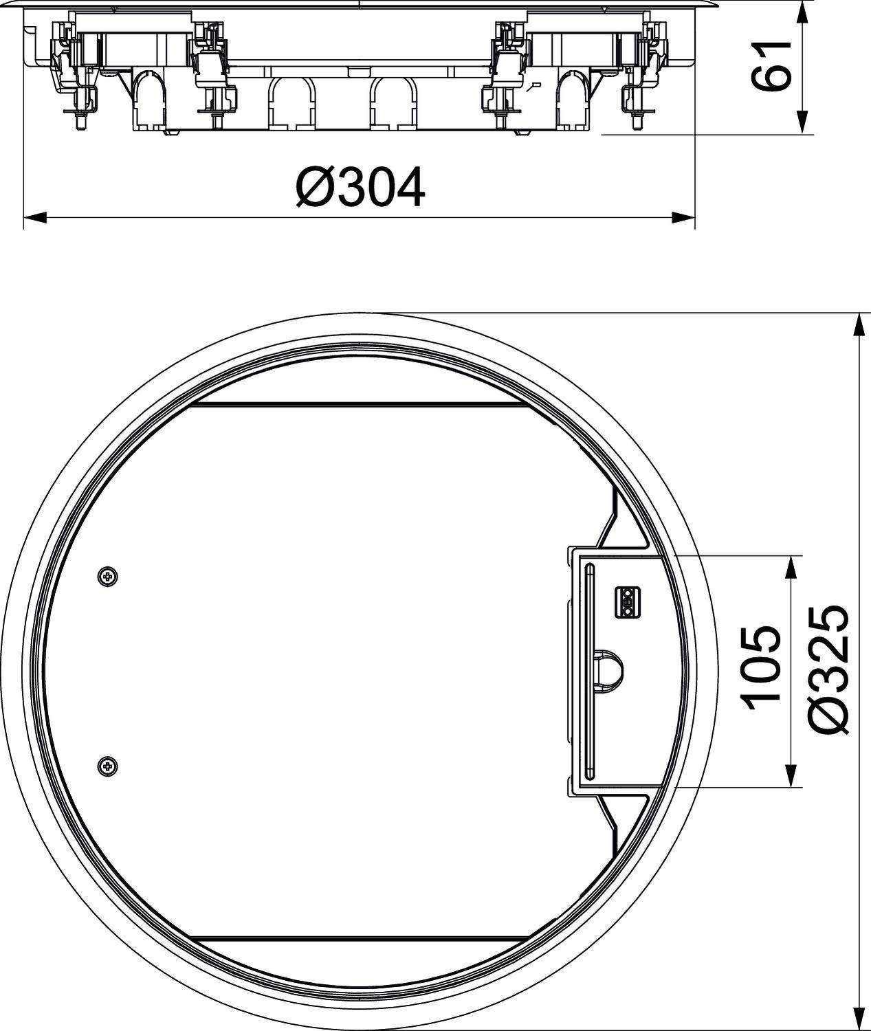 Technický výkres guľatého komponentu s priemerom 325 mm a výškou 61 mm. Hore rez, dole pohľad zhora s rozmermi.