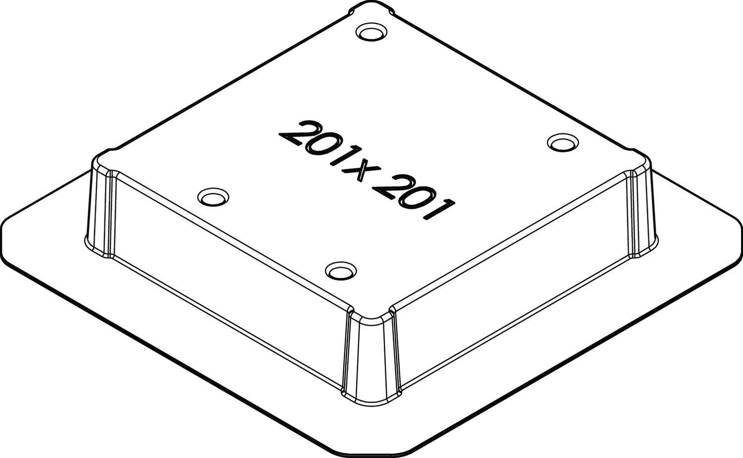 Blok s rozmermi 201 x 201, pohľad zhora, so skrutkovými otvormi v rohoch.