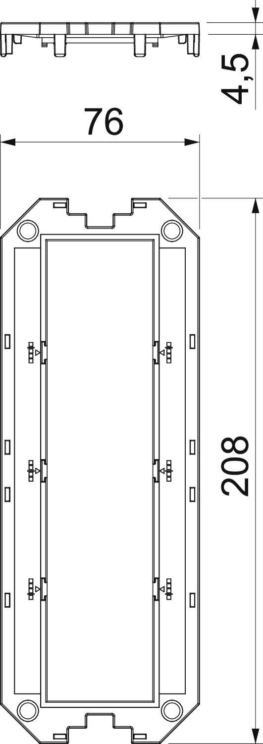 Diagram obdĺžnikového komponentu s rozmermi: dĺžka 208 mm, šírka 76 mm, výška 4,5 mm. Zobrazuje upevňovacie body a tvarové detaily.
