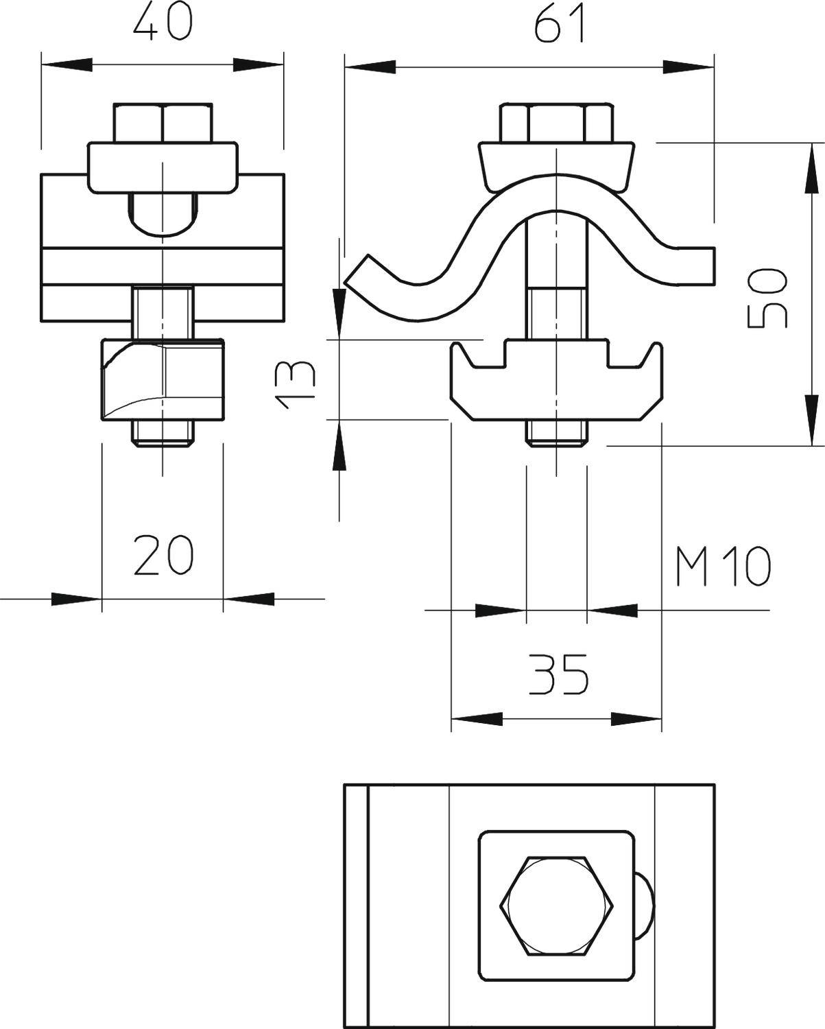 Technický výkres svorníkového spoja s rozmermi: výška 50 mm, šírka 61 mm, veľkosť skrutky M10 a ďalšími špecifikáciami.