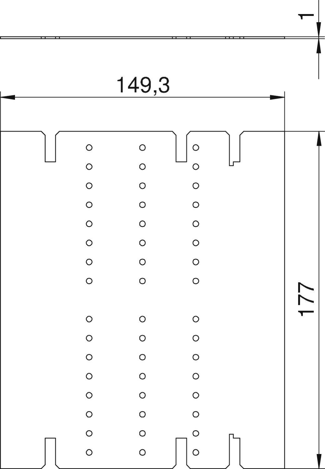 Technický výkres súčiastky s rozmermi 149,3 mm šírky a 177 mm výšky. Otvorový vzor v strede.