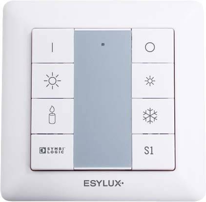 Spínač značky ESYLUX s rôznymi symbolickými tlačidlami pre ovládanie svetla: Zapnutie/Vypnutie, Sviečka, Slnečné svetlo, Sneh a 'S1'.