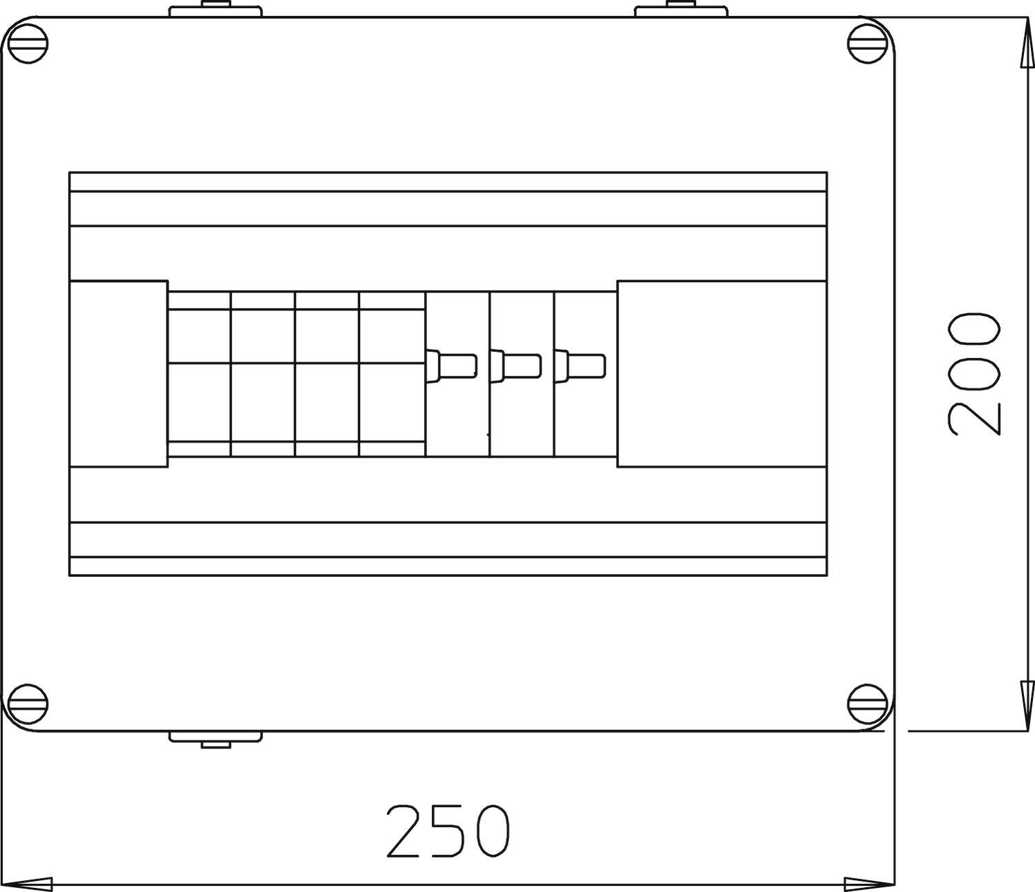 Technický výkres obdĺžnikového rozvádzača s rozmermi 250 mm x 200 mm, zobrazujúci čelný pohľad so svorkovnicami.