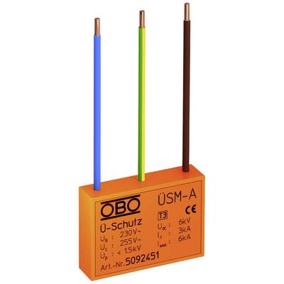 Trojpólový modul ochrany pred prepätím s oranžovým krytom. Označený technickými špecifikáciami a značkou CE.