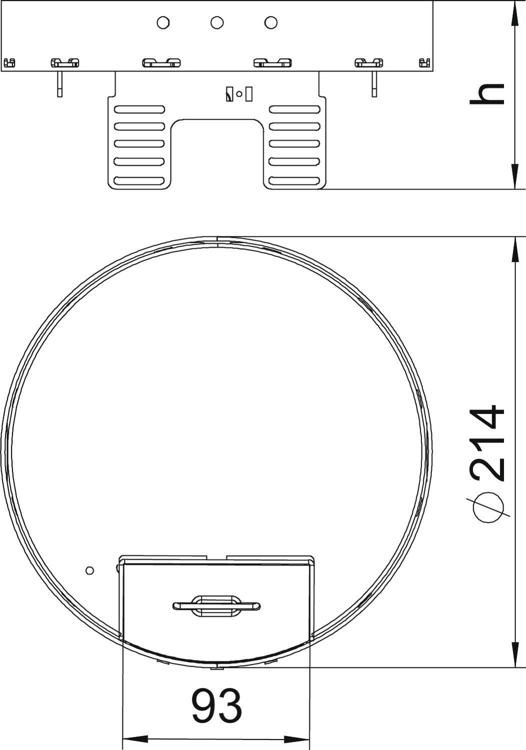 Technický výkres okrúhleho objektu s priemerom 214 mm a šírkou 93 mm v spodnej časti. Horná výška je označená písmenom 'h'.
