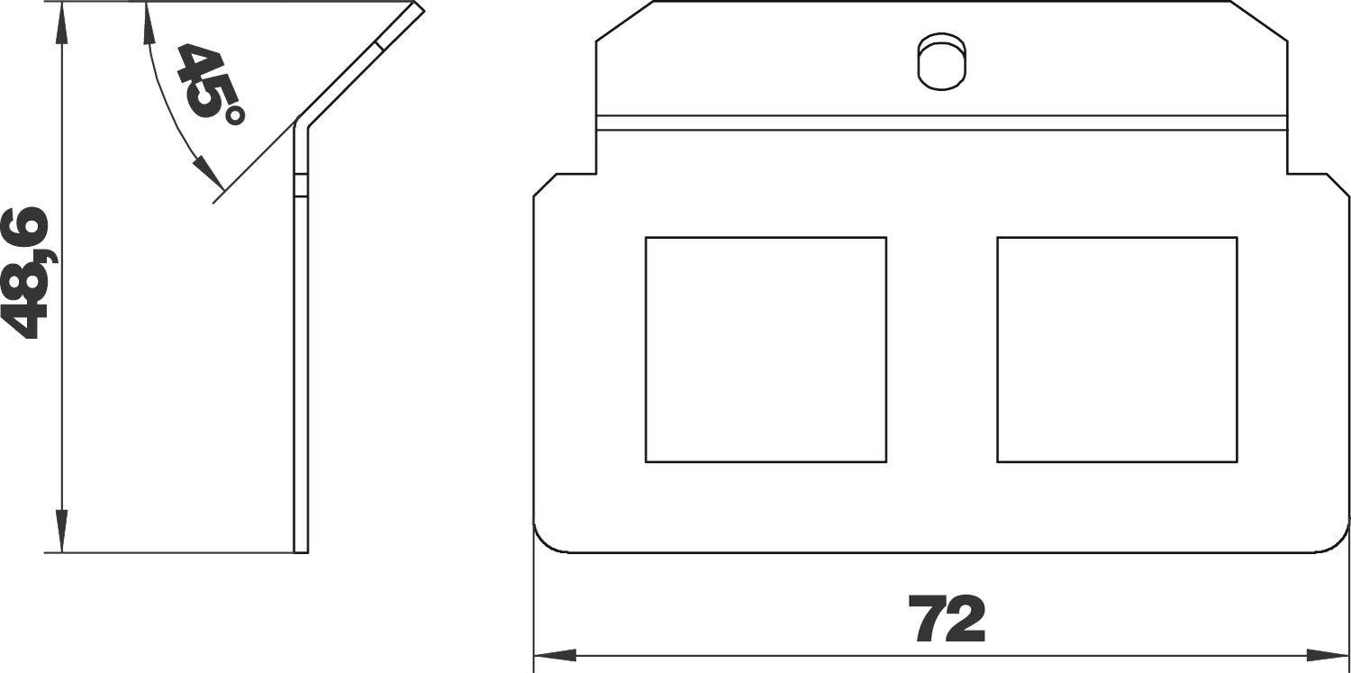 Technický výkres obdĺžnikového dielu s dvoma štvorcovými otvormi. Rozmery: šírka 72 mm, výška 48,6 mm, uhol 45°.
