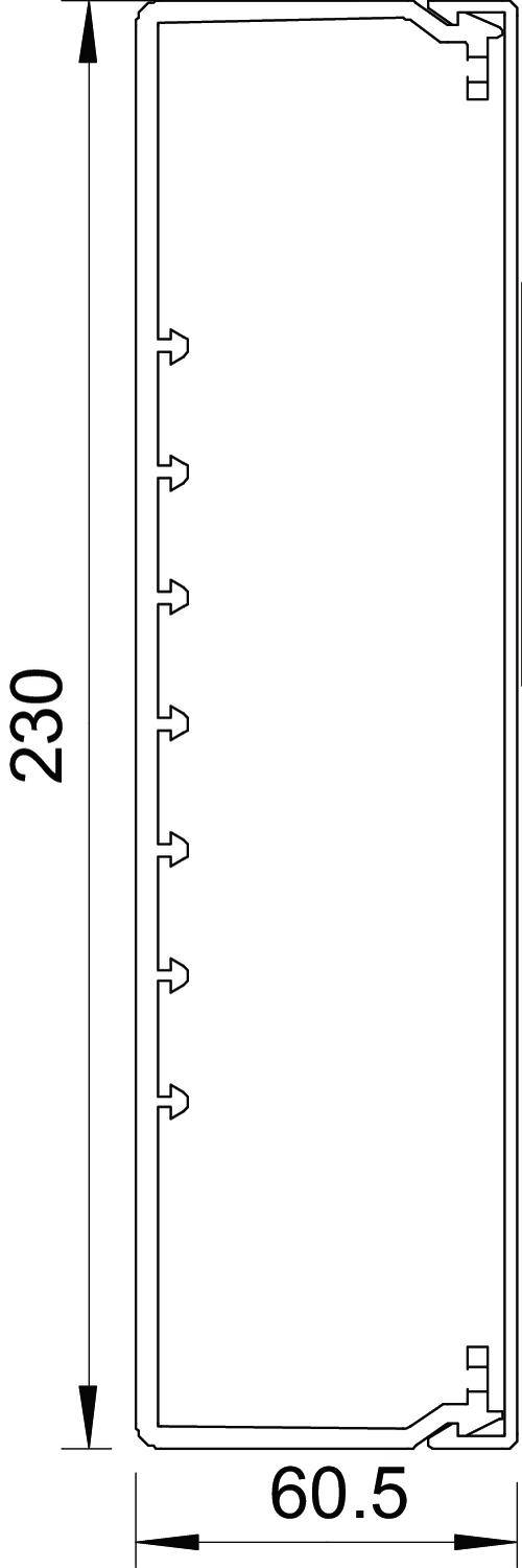Priečny rez technickej skice s rozmermi: šírka 60,5 a výška 230. Zobrazuje tvar a detaily obdĺžnikového profilu.