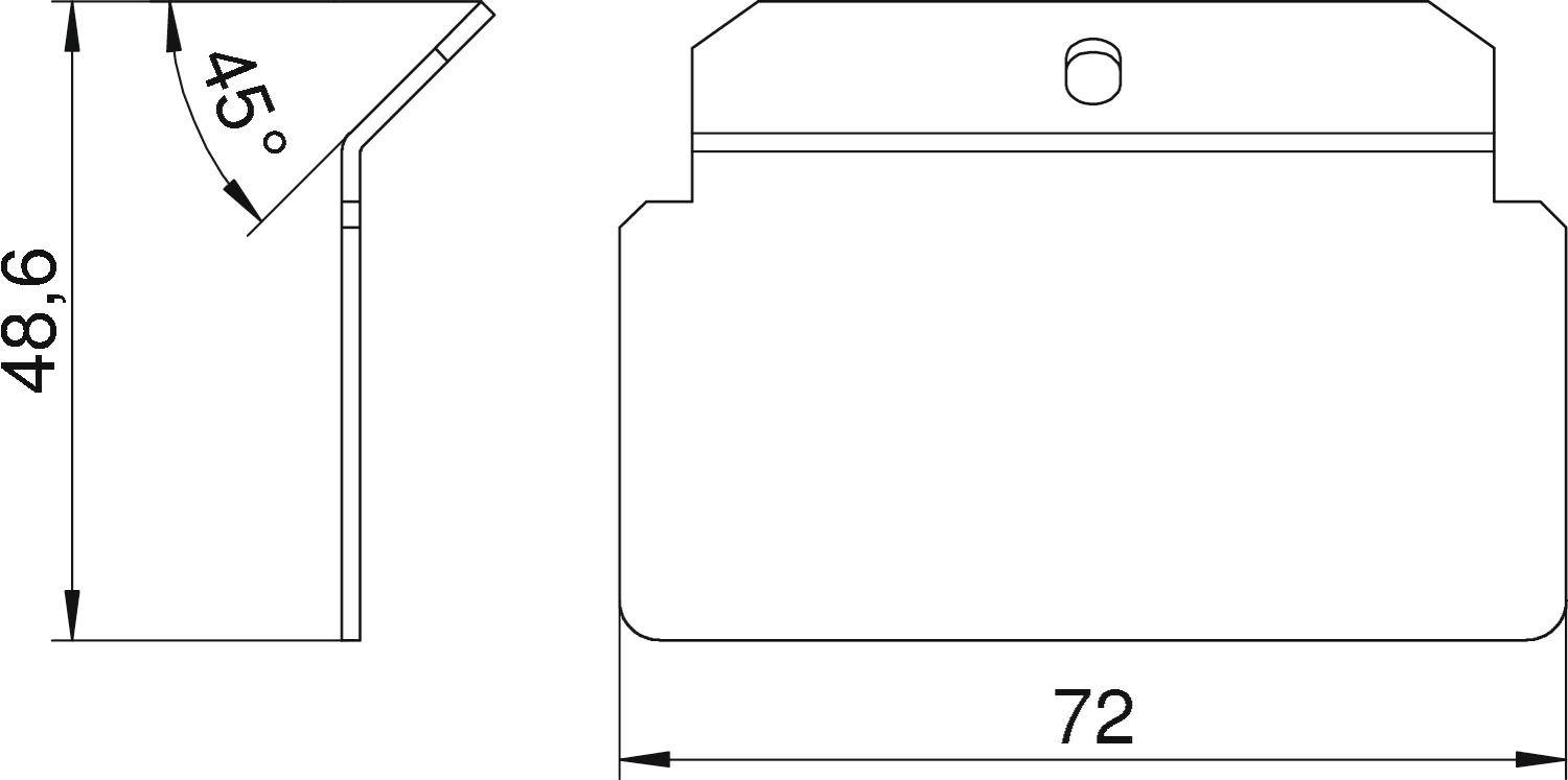 Technický výkres súčiastky s dvoma pohľadmi. Vľavo: bokorys so 45° uhlom a výškou 48,6 mm. Vpravo: čelný pohľad, šírka 72 mm.