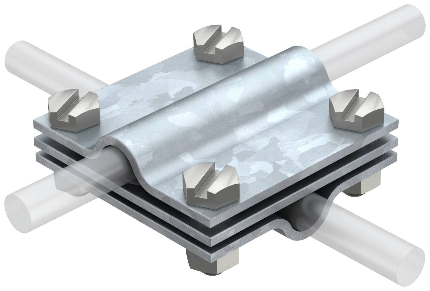 Kovová svorka na ochranu káblov so štyrmi skrutkami, ktorá bezpečne upevňuje dva sa križujúce potrubia.