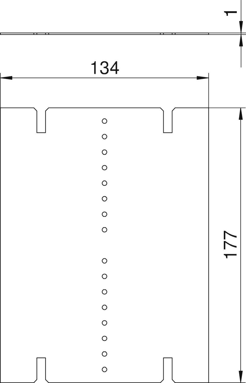 Technický výkres obdĺžnikovej kovovej dosky s rozmermi 134 x 177 mm. Sú znázornené viaceré stredové rad otvorov.