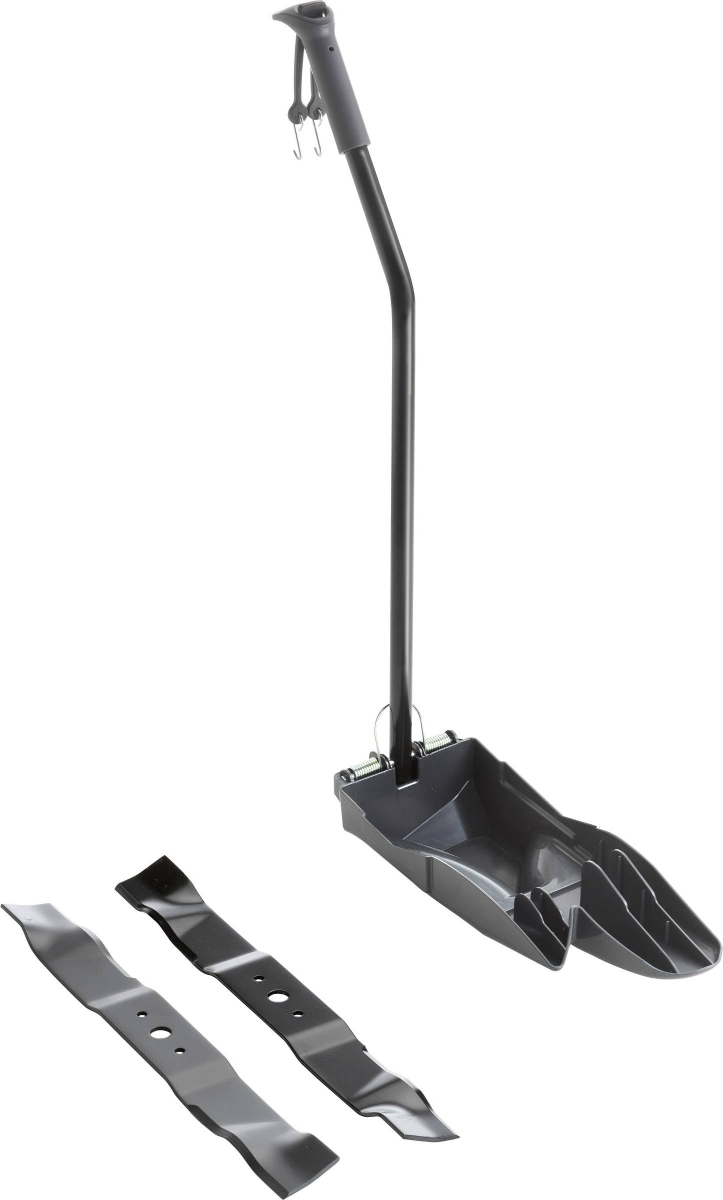 Bezpečná lopatka na psie exkrementy s dlhou rukoväťou, dvoma nástavcami čepele a ergonomickým dizajnom.