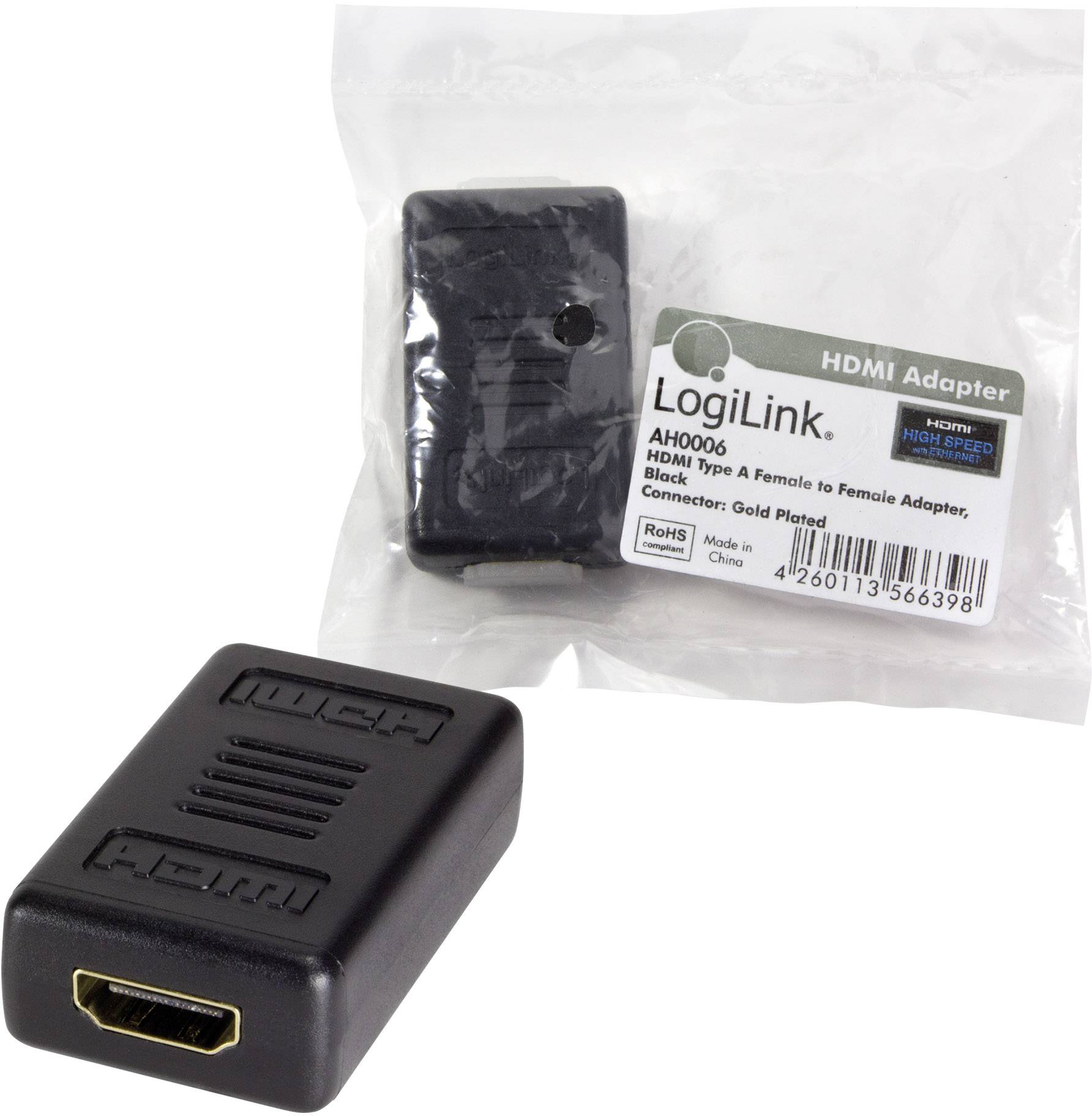 HDMI adaptér od LogiLink, model AH0006, čierny, samica na samicu, v otvorenej plastovej obale.
