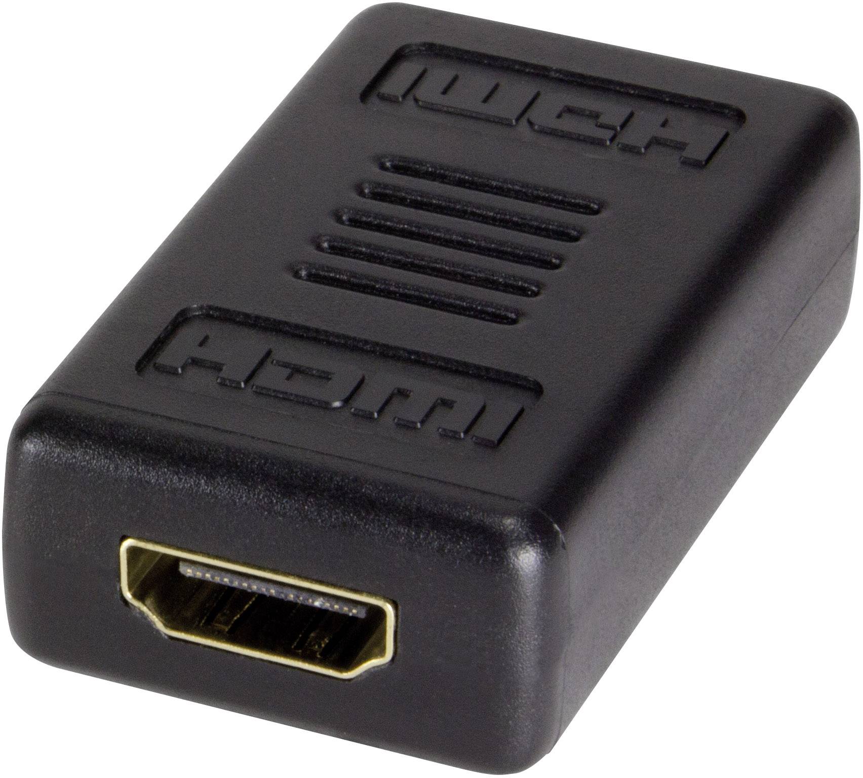 Malý čierny HDMI spojovací adaptér s HDMI konektormi na oboch koncoch, ktorý slúži na prepojenie dvoch HDMI káblov.