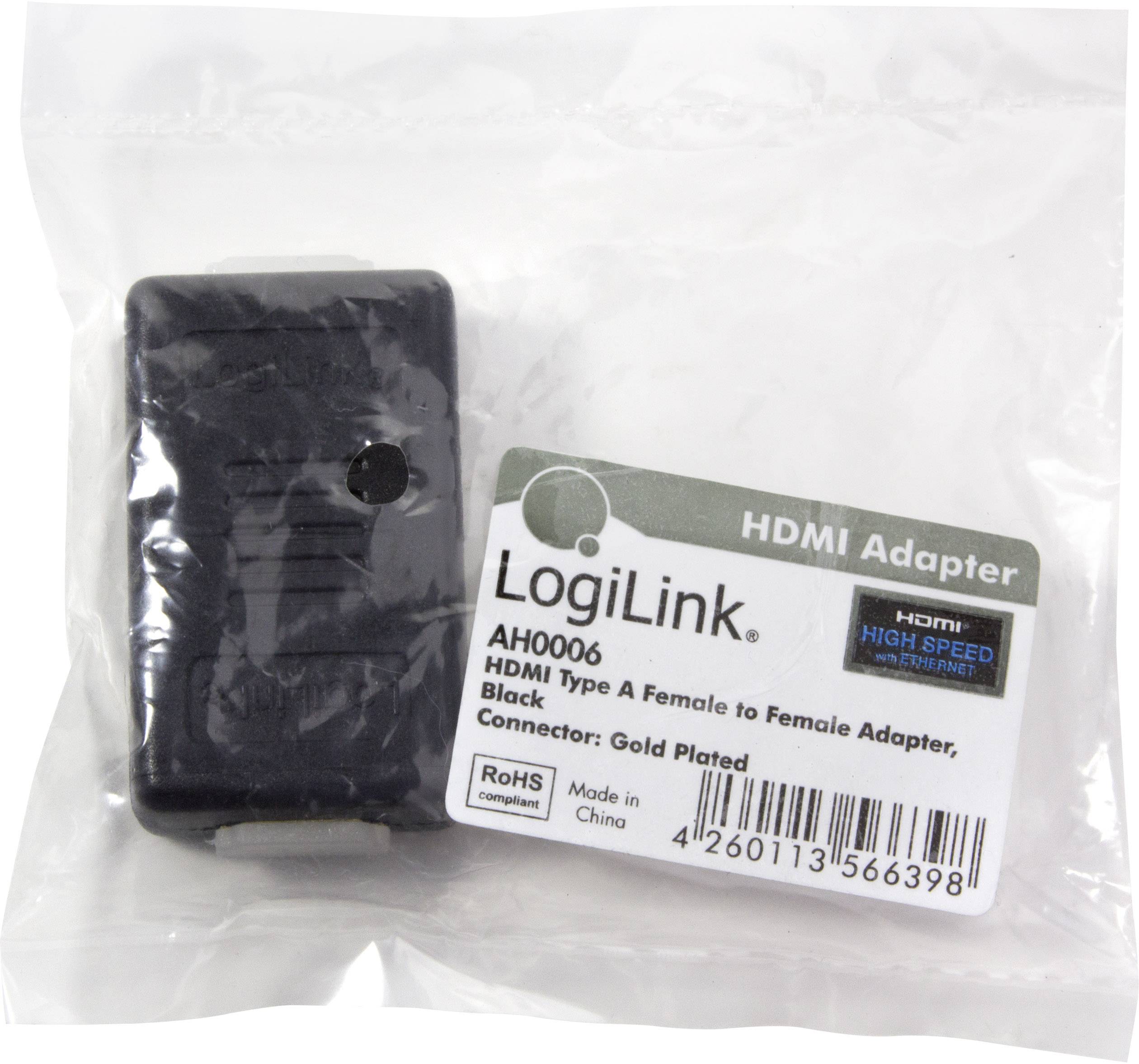 HDMI adaptér v plastovom obale. Etiketa uvádza 'LogiLink HDMI Type A Female to Female Adapter, Black'. Vyrobené v Číne.