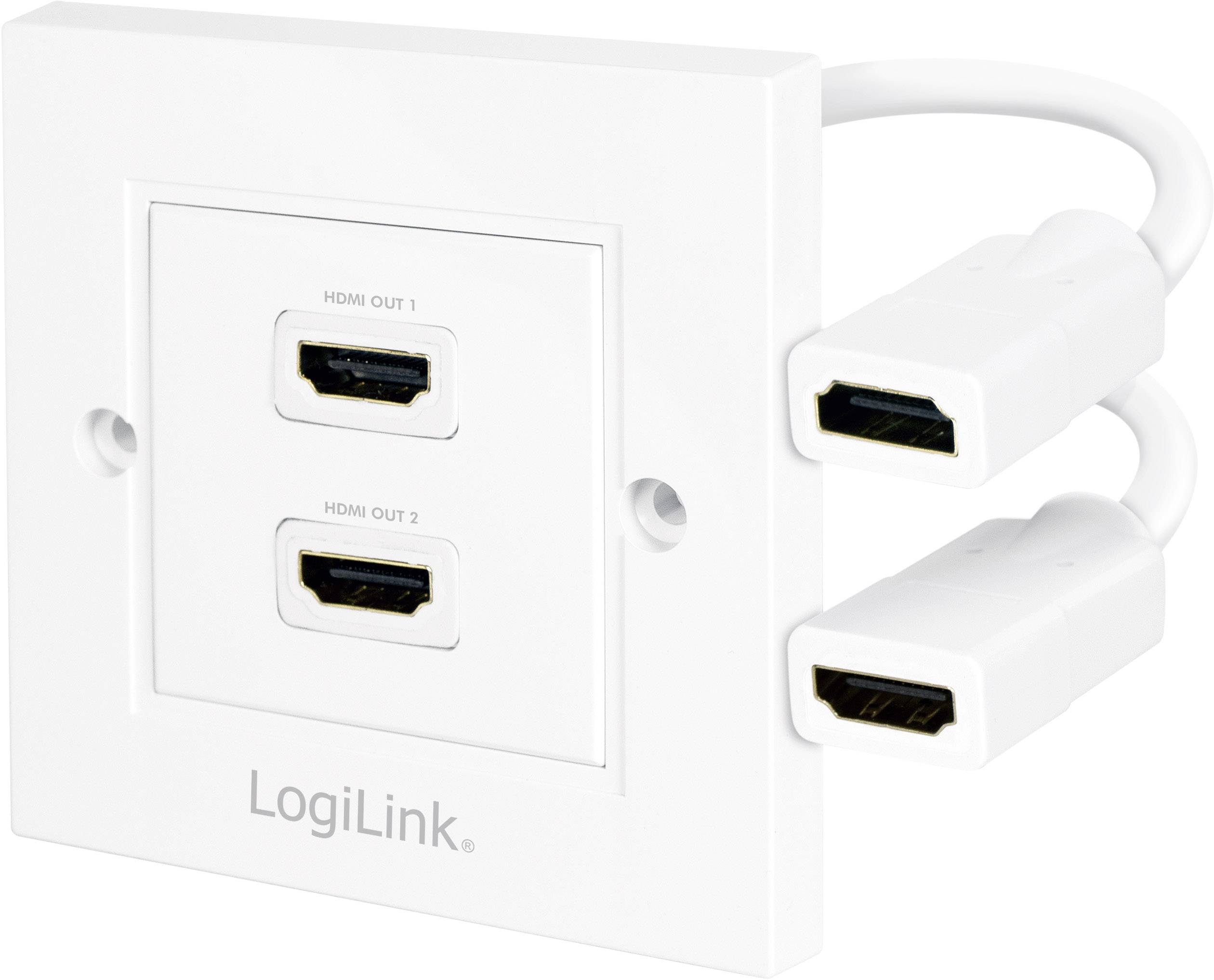 'HDMI stenový adaptér od LogiLink s dvoma HDMI výstupmi a dvoma káblami. Biele prevedenie.'