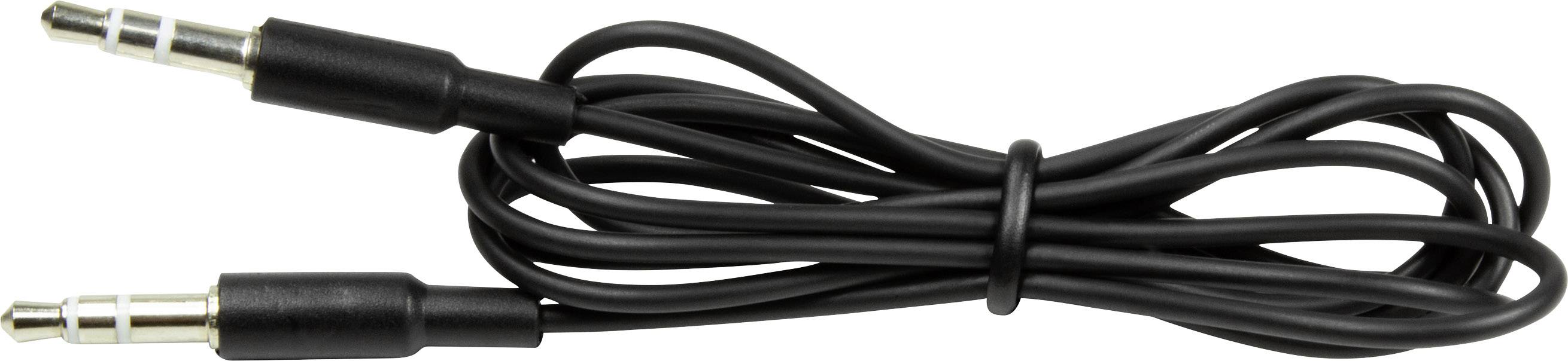 Čiernobiely audio kábel s dvoma 3,5 mm jack konektormi, vhodný pre pripojenie audiovybavenia ako sú slúchadlá alebo reproduktory.