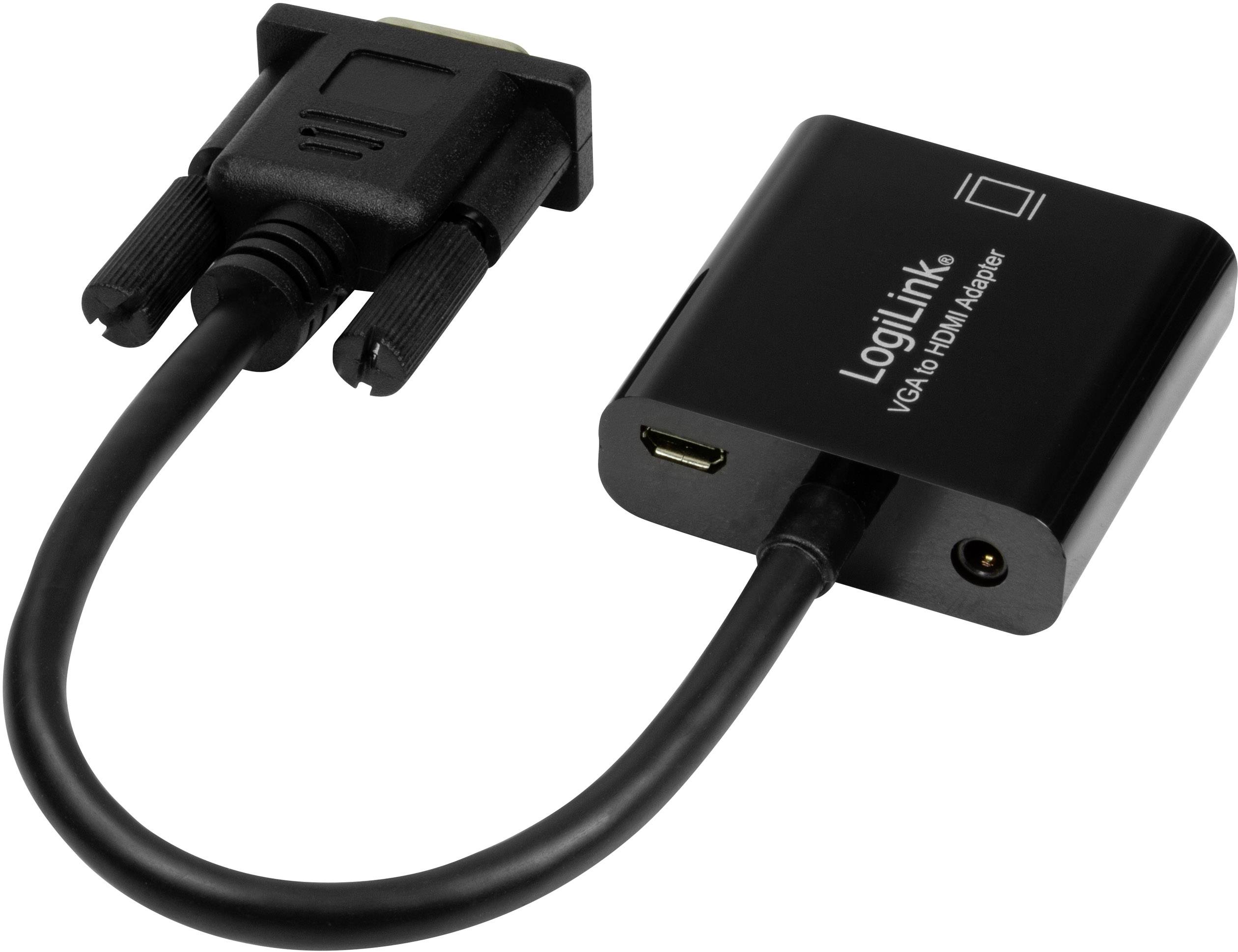 LogiLink VGA na HDMI adaptér zobrazuje kábel s VGA konektorom na jednej strane a HDMI, micro USB a audio konektormi na strane druhej.