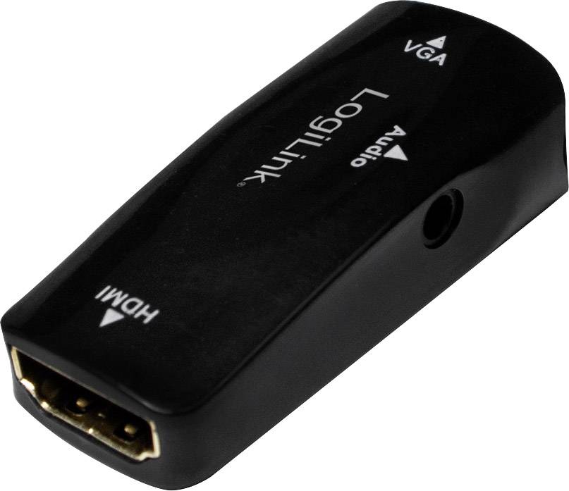 Čierny VGA-HDMI adaptér od LogiLink, označený nápismi 'VGA', 'HDMI' a 'Audio'. Používa sa na konverziu VGA video signálov do HDMI.