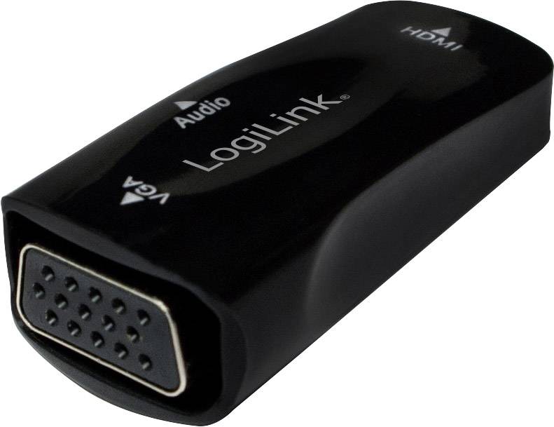 Čierny VGA-na-HDMI adaptér s logom 'LogiLink'. Adaptér umožňuje pripojenie zariadení s VGA vstupom do HDMI portov.