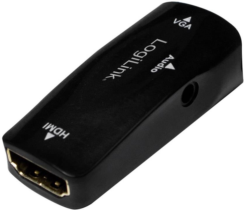 Čierny HDMI-VGA adaptér s audio konektorom. Na povrchu sú viditeľné označenia pre HDMI, VGA a Audio.