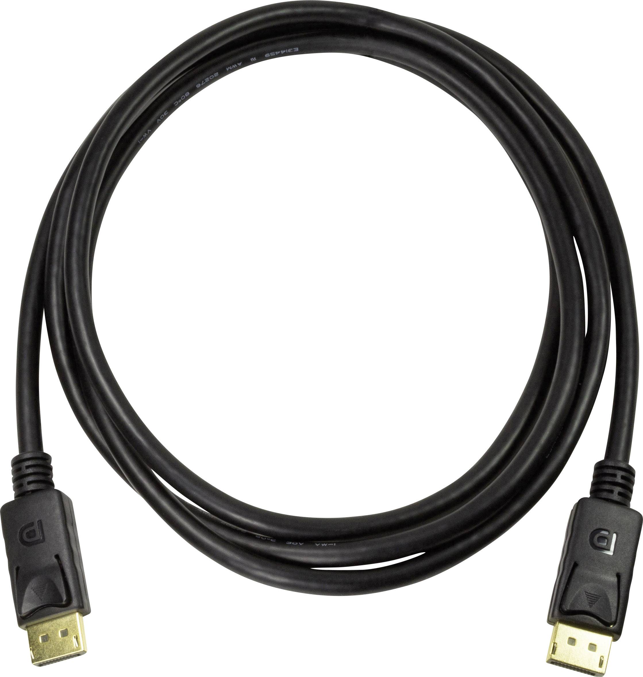 DisplayPort kábel s dvoma čiernymi konektormi na bielom pozadí, ktorý slúži na prenos video a audio signálov.
