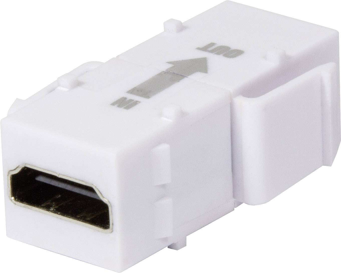 HDMI keystone modul v bielej farbe zobrazuje šípky pre vstup a výstup.