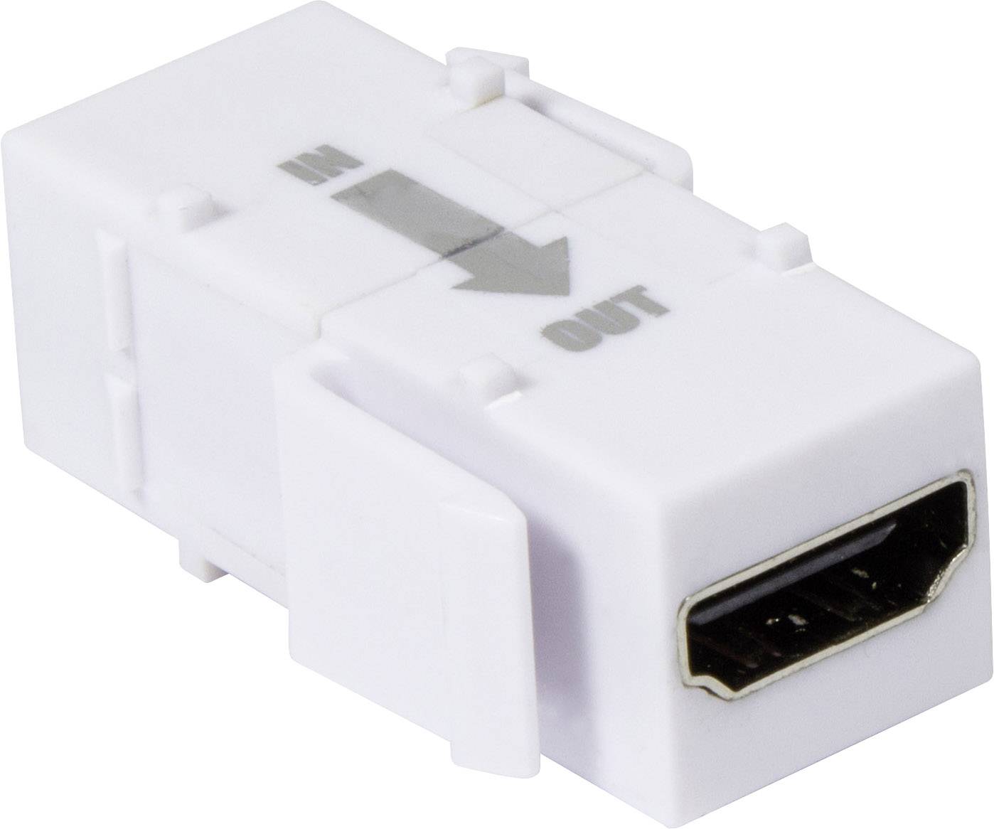 Adaptér HDMI spojky, obdĺžnikového bieleho tvaru, s šípkami a nápismi 'IN' a 'OUT', ktorý znázorňuje smer signálového toku.