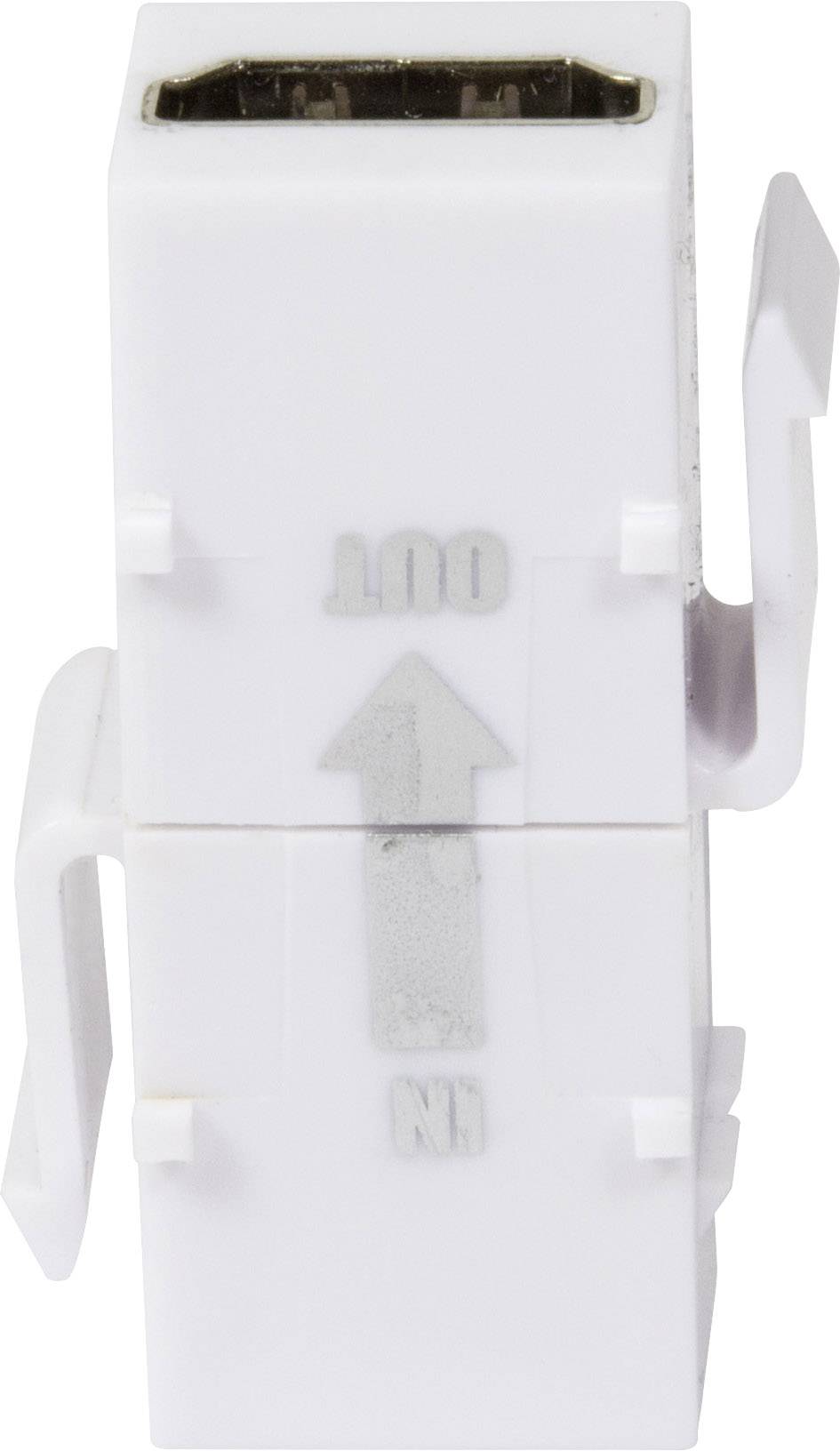 Biely HDMI keystone adaptér s dvoma otvorenými stranami, označený nápismi 'IN' a 'OUT' so zodpovedajúcimi smerovými šípkami.