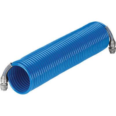 Modrá špirálová hadica s kovovými prípojkami na oboch koncoch, používaná pre pneumatické systémy.