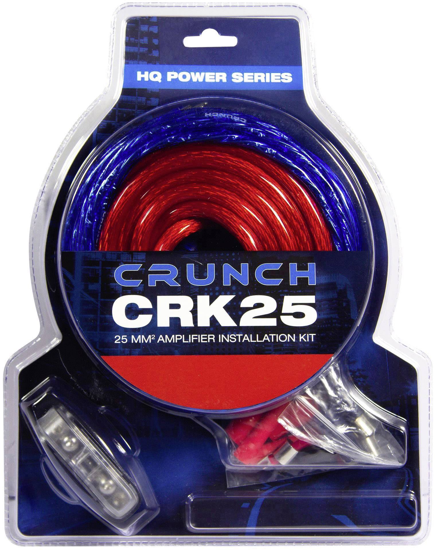 'Crunch CRK25 inštalačná sada zosilňovača s 25 mm² káblami. Obsahuje červené a modré káble, poistkovú skrinku a ďalšie príslušenstvo.'
