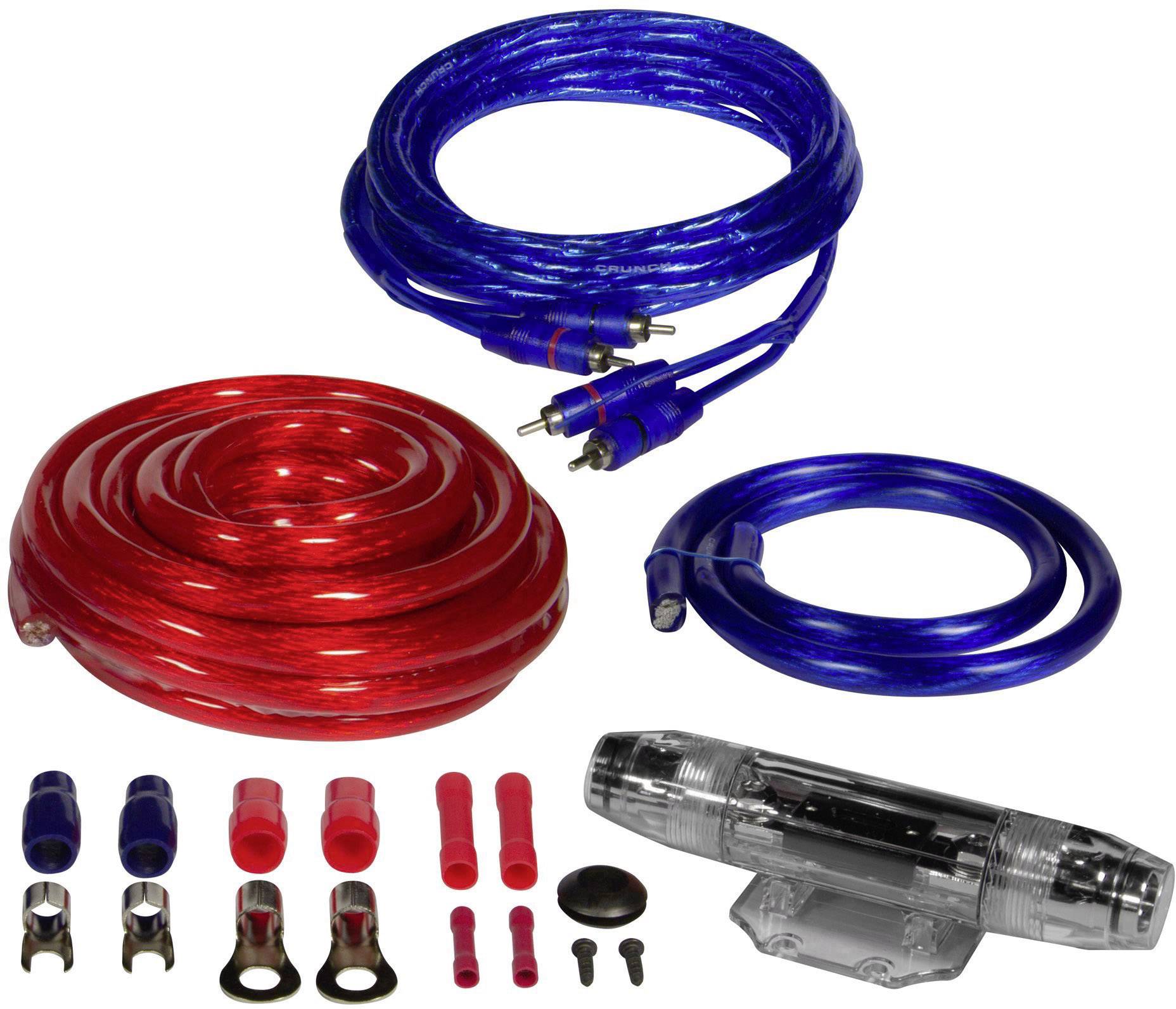 Sada automobilových audio káblov: dva káble (červený a modrý), priehľadný držiak poistiek a rôzne konektory a prípojky.