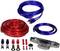 Sada automobilových audio káblov: dva káble (červený a modrý), priehľadný držiak poistiek a rôzne konektory a prípojky.