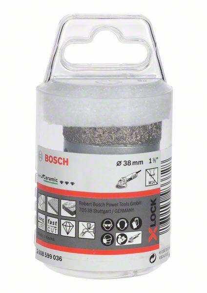 Príslušenstvo vrtákov v priehľadnom kontajneri. Hlavná značka: Bosch. Priemer: 38 mm. Vhodné pre keramiku. Obsahuje symboly kompatibility a použitia.