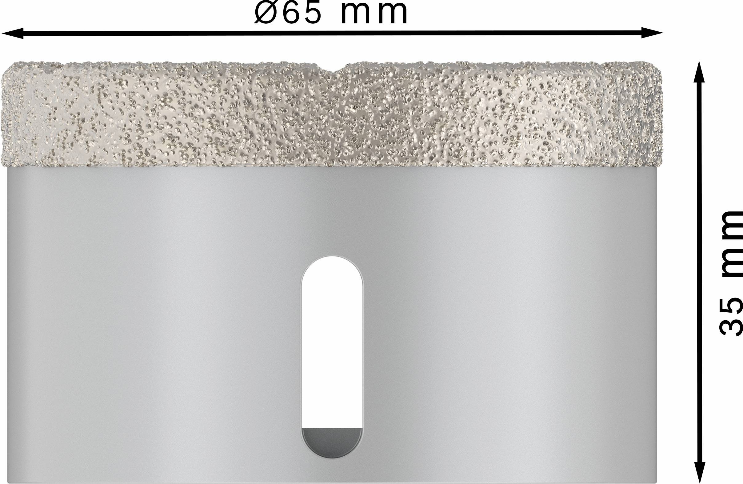 Diamantová vrtacia korunka s priemerom 65 mm a výškou 35 mm, strieborná s drsným okrajom, vhodná na presné vŕtanie do tvrdých materiálov.