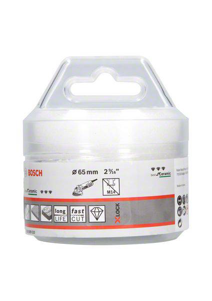 Okrúly obal obsahujúci keramické vrtáky Bosch, vhodné pre priemer 65 mm a veľkosť 2 ½ palca, so systémom X-Lock.