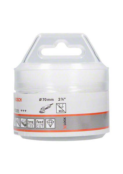 Guľatý brúsny kotúč Bosch v priehľadnom obale. Etiketa zobrazuje '70 mm, M14', vhodný pre spracovanie kovu.