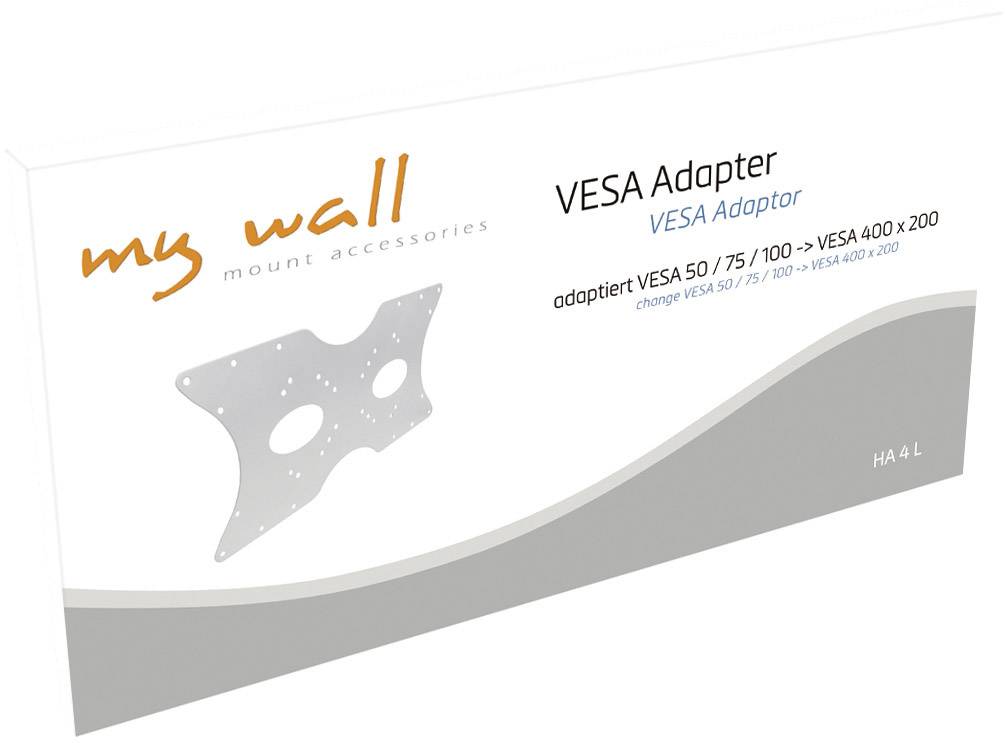 Balenie adaptéra VESA od 'my wall'. Adaptér pre konverziu z VESA 50/75/100 na VESA 400 x 200. Obsahuje obrázok adaptéra.