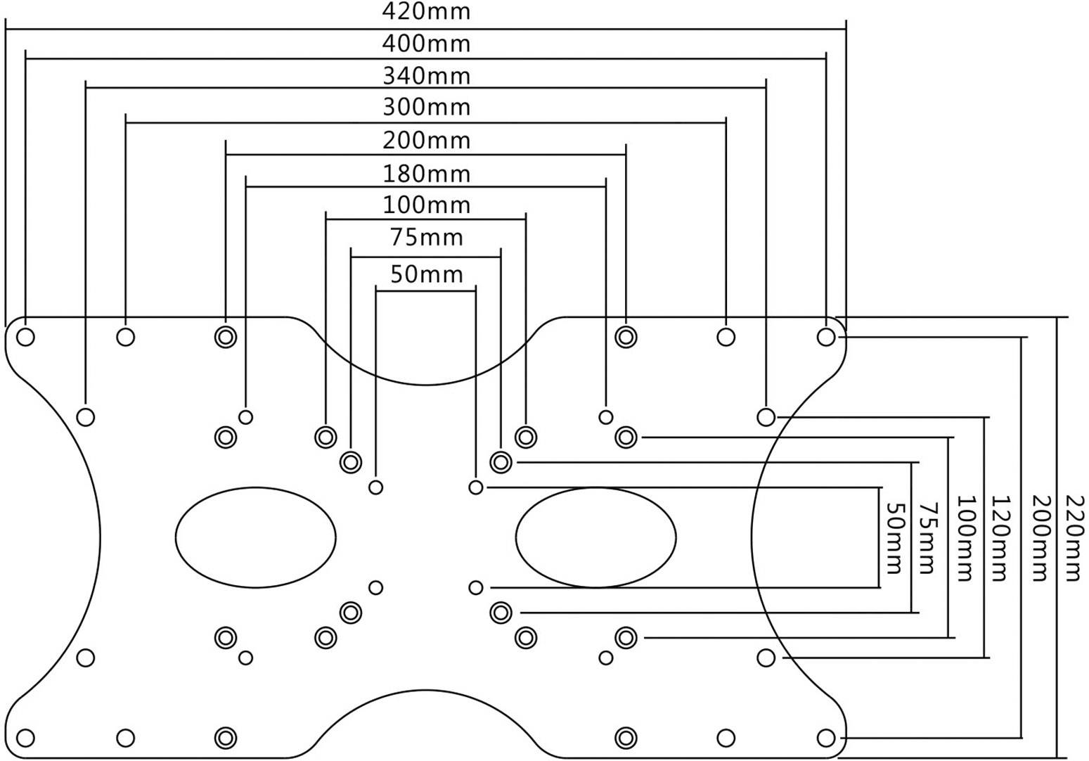 Technický výkres dierovanej dosky s rozmermi medzi 50 mm a 420 mm, znázorňujúci polohy otvorov.