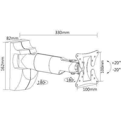 Diagram držiaka na stenu: Rozmery 330 mm x 100 mm x 162 mm, otočný o 180°, nakloniteľný o ±20°, hĺbka 82 mm.
